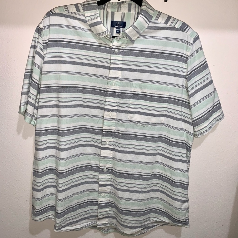 George Men’s Gray & Aqua Striped Short Sleeve Button Up size L